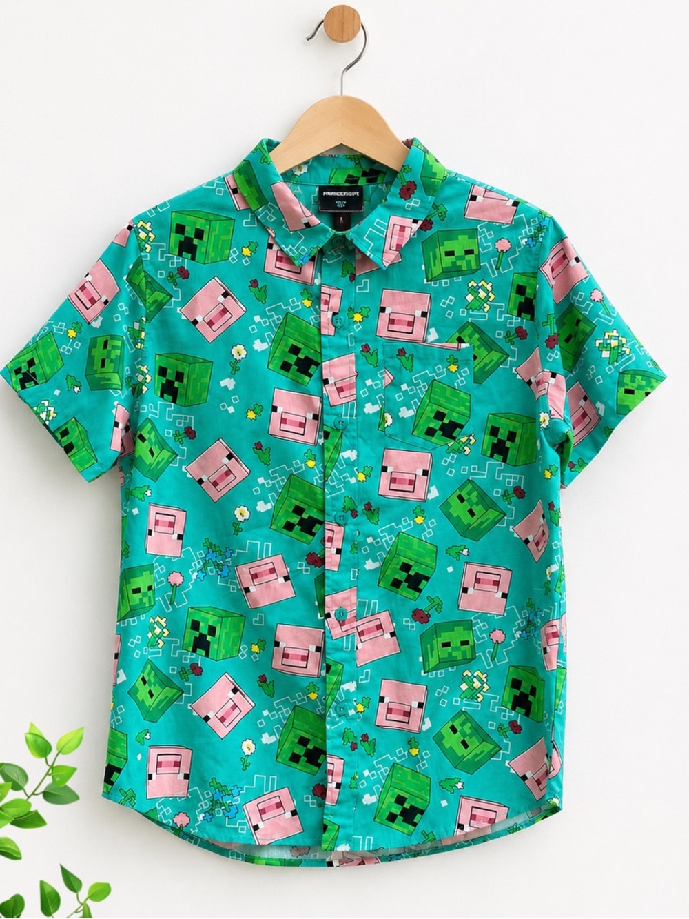 Minecraft Creeper & Pig Button-Up Dress Shirt Boys XL 14/16